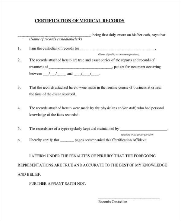 Certification Of Medical Records Printable Form Printable Forms Free 