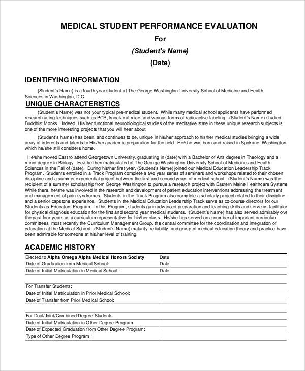 medical student performance evaluation form