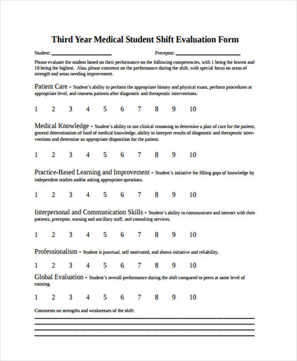 medical student shift evaluation form