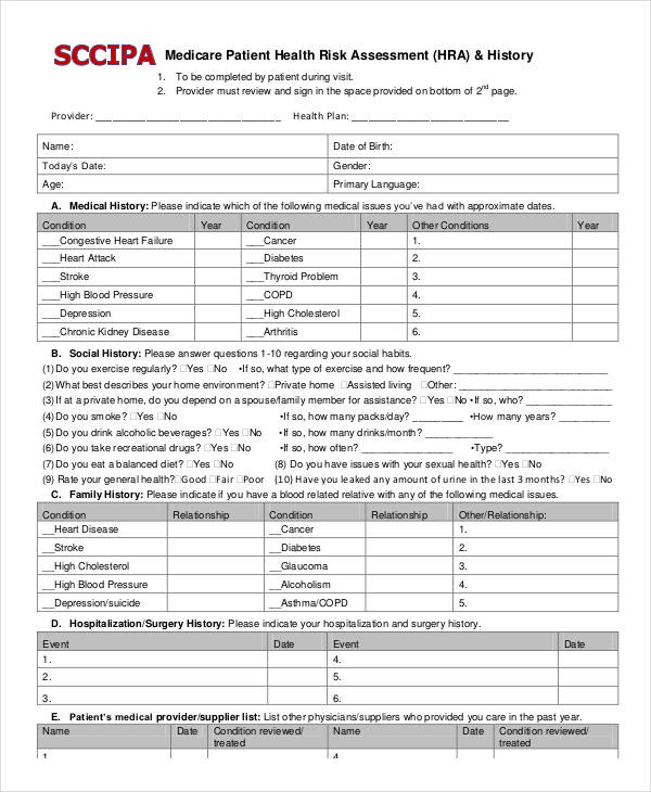 medicare patient health risk assessment form