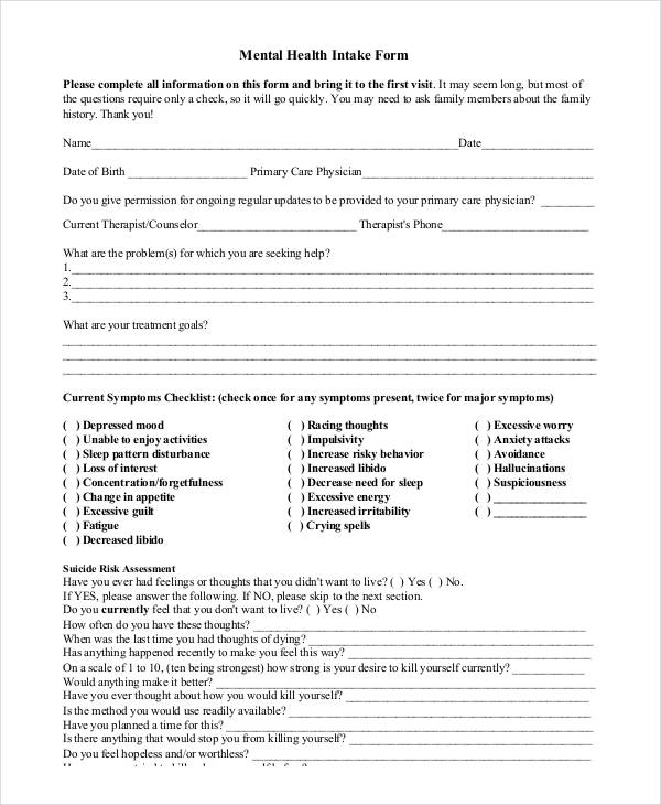 mental health intake assessment form