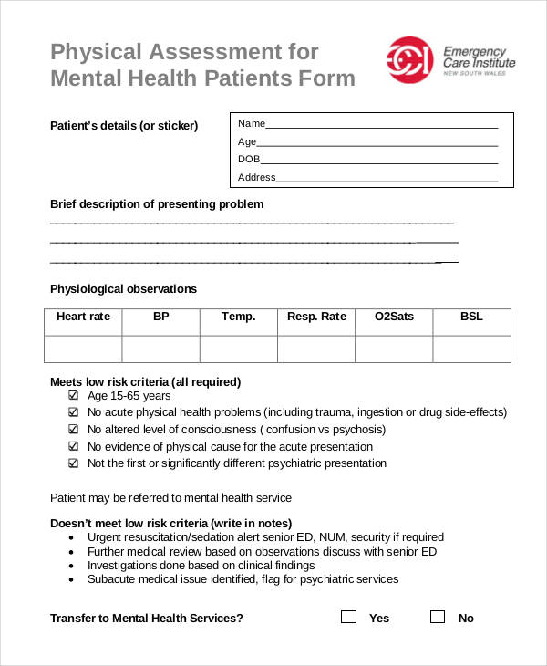 mental health physical assessment form