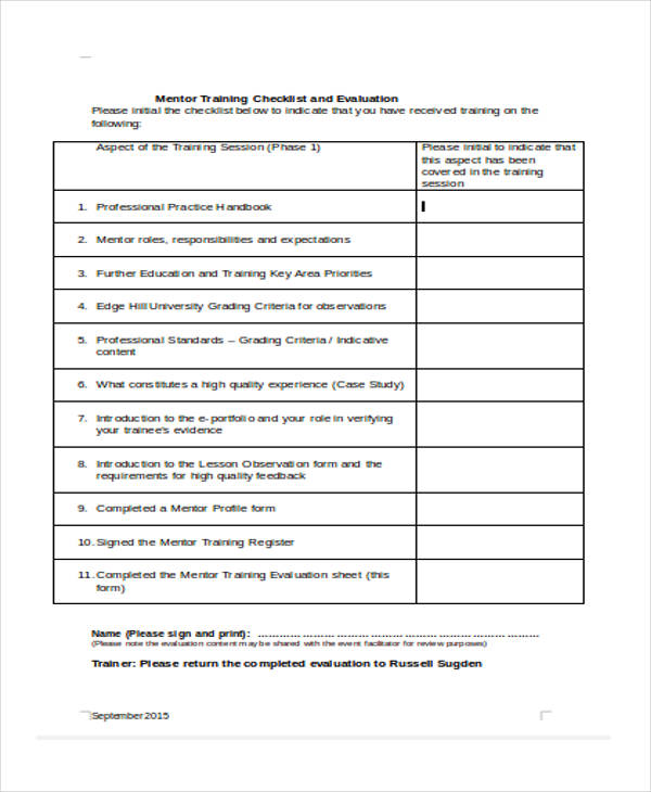 mentor training checklist evaluation form