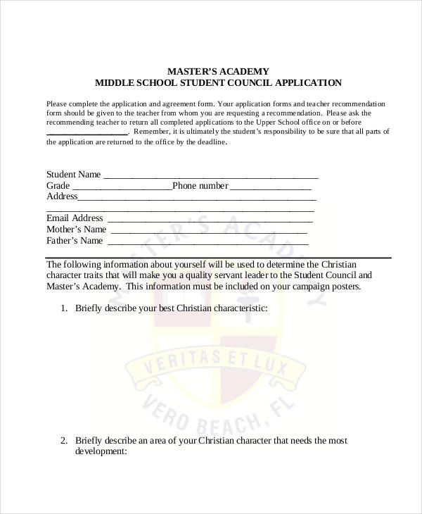 middle school student council application form
