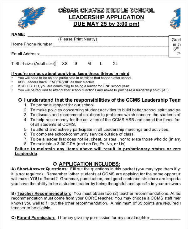 middle school student leadership application form1