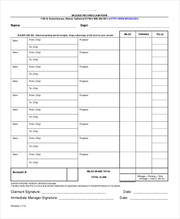 mileage record claim form