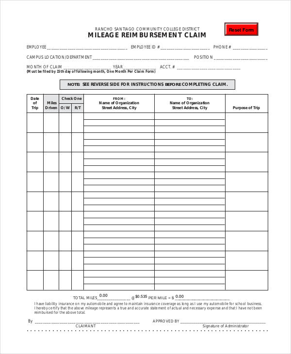 mileage reimbursement claim form