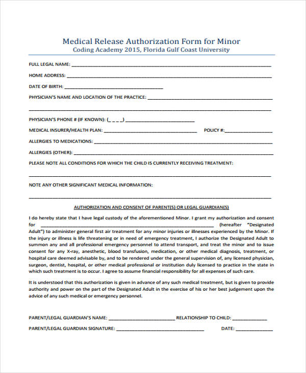 minor authorisation medical release form