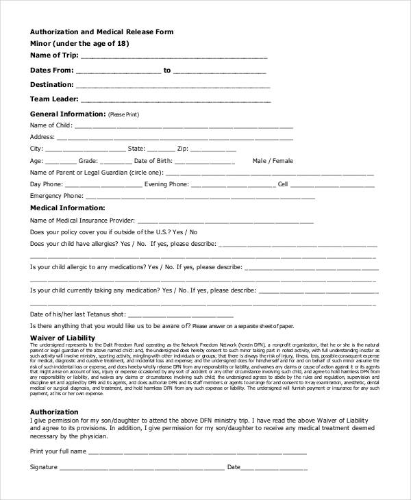 minor authorization medical release form