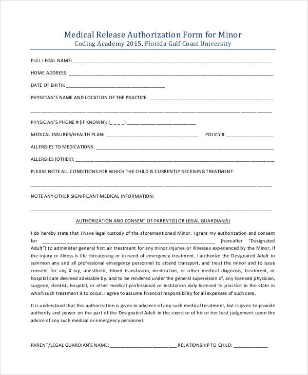 minor medical authorization release form
