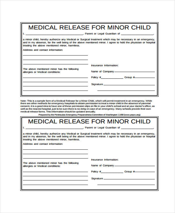 minor medical emergency release form