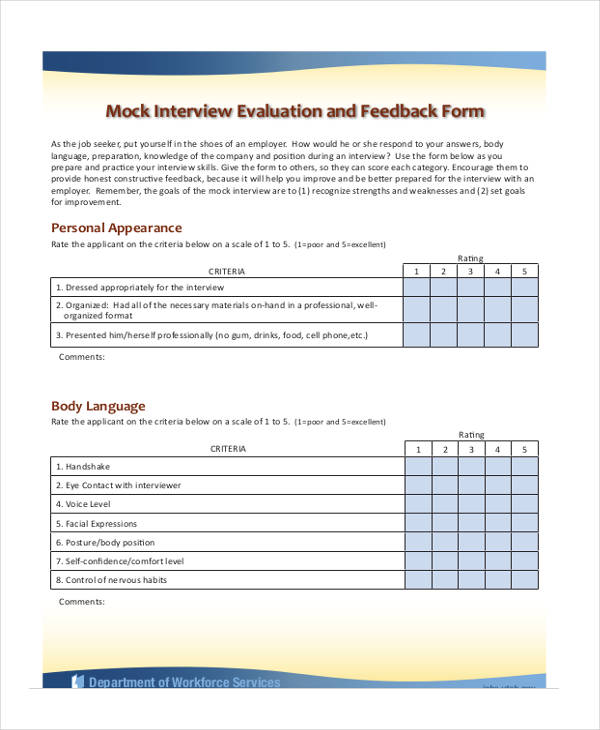 mock interview evaluation feedback form