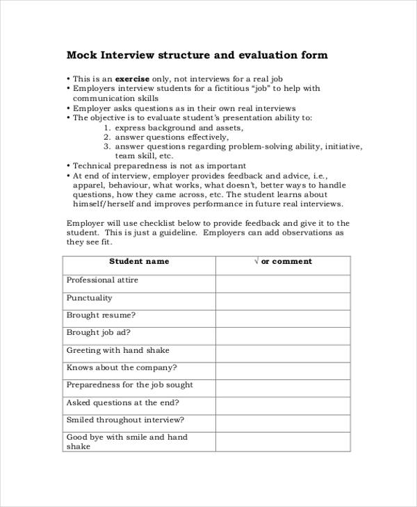 mock interview structure evaluation form