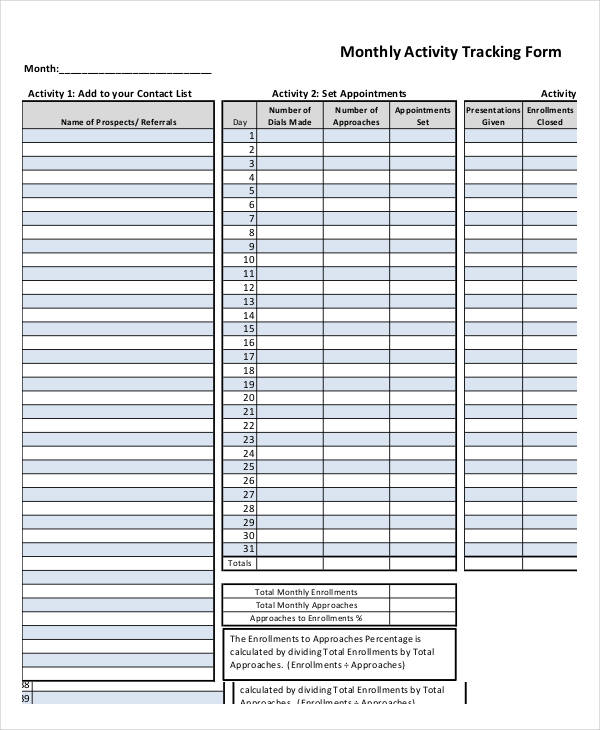 monthly activity tracking form