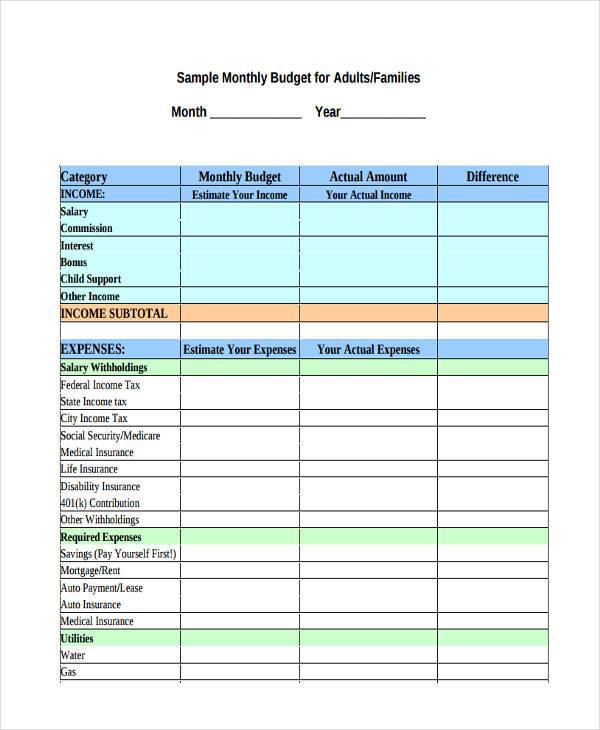 monthly budget form for families