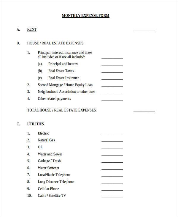 monthly expense form sample