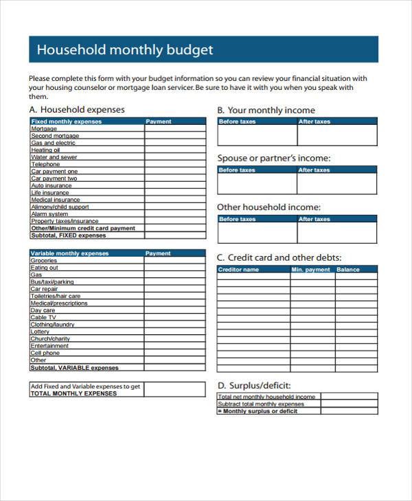 monthly home budget form