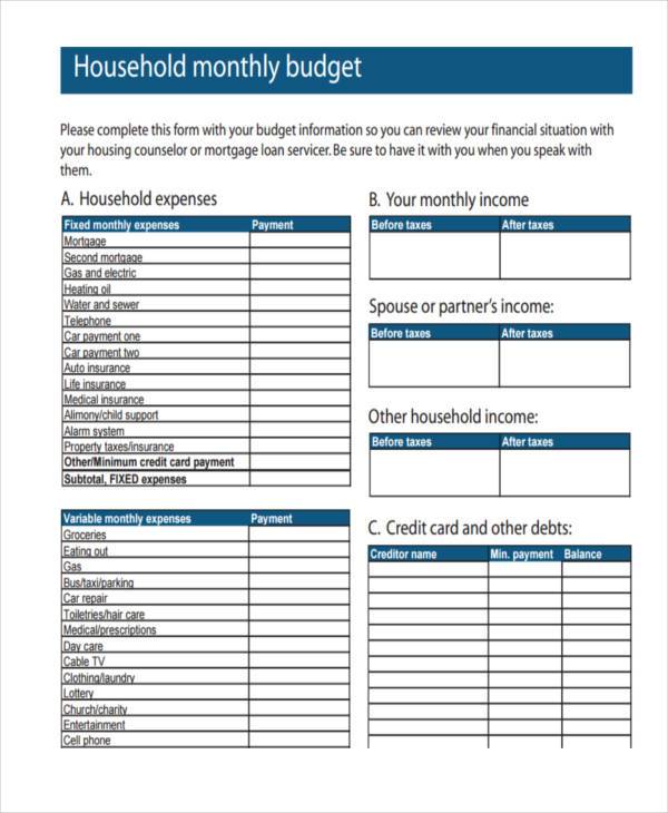 monthly household budget form