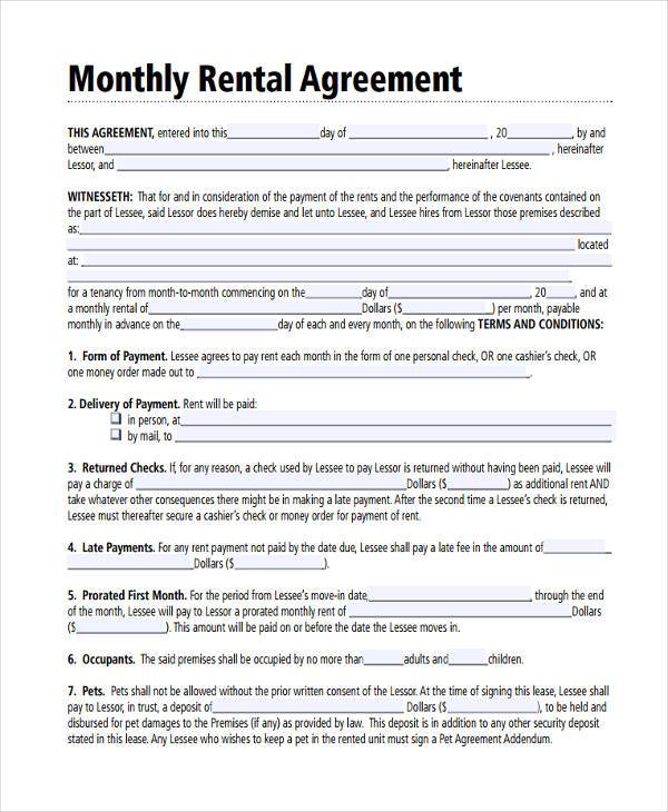 monthly rental agreement form pdf