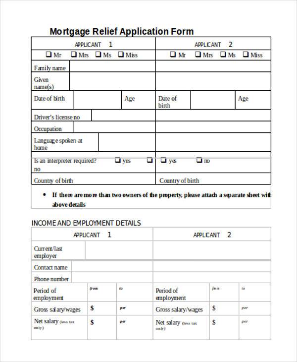 mortgage relief application form