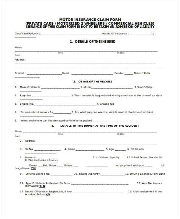 motor vehicle insurance claim form