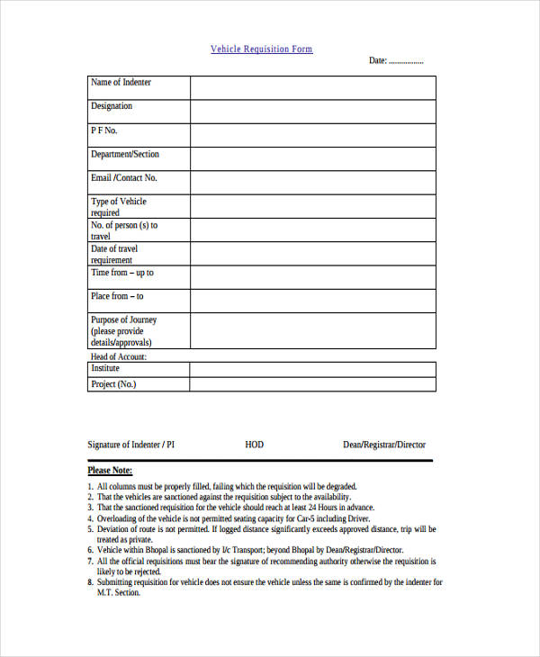 motor vehicle requisition form