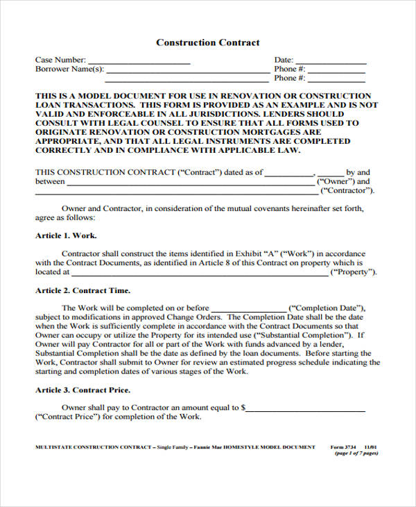 multi state construction contract agreement form