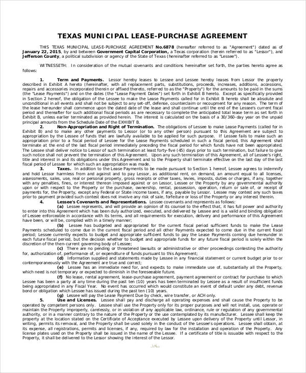 municipal lease purchase agreement form