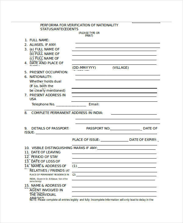nationality verification form sample