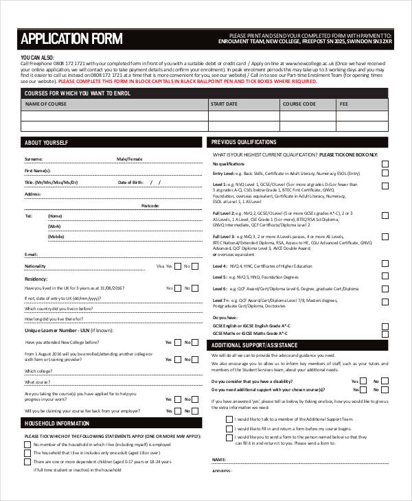 FREE 11+ Sample College Application Forms in PDF | MS Word