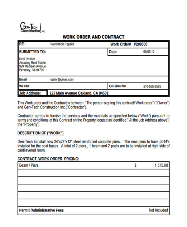 New Construction Work Order Form