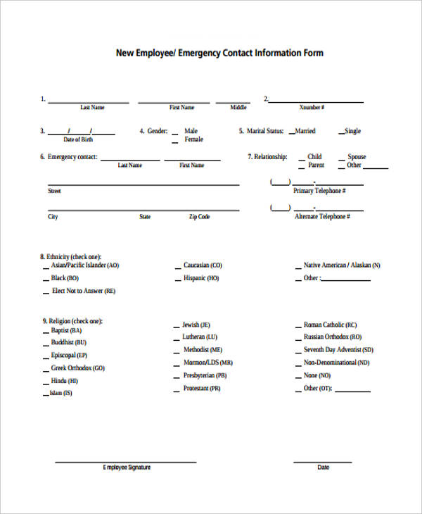 new employee emergency contact form