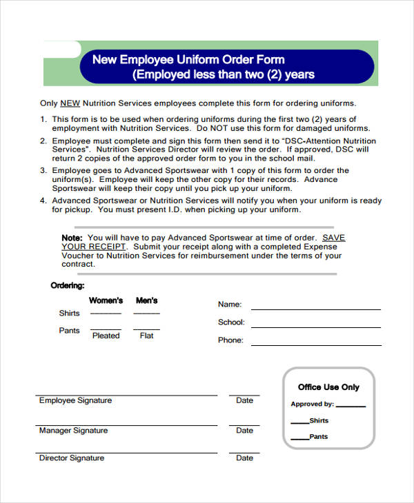 new employee work uniform order form