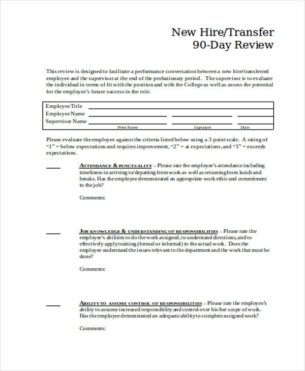 new hire 90 day review form