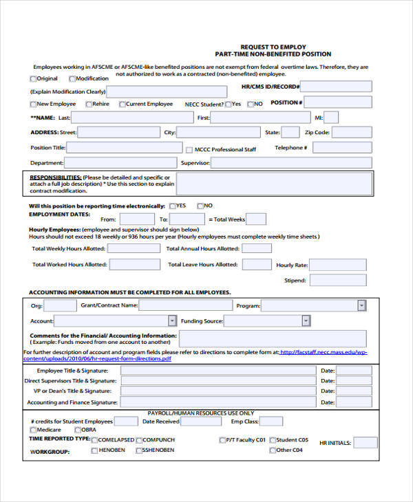 non benefited employee request form