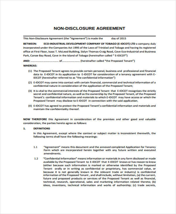 non disclosure tenant agreement form