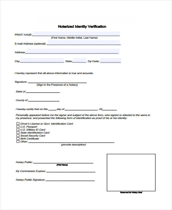 Notarized Identity Verification Form