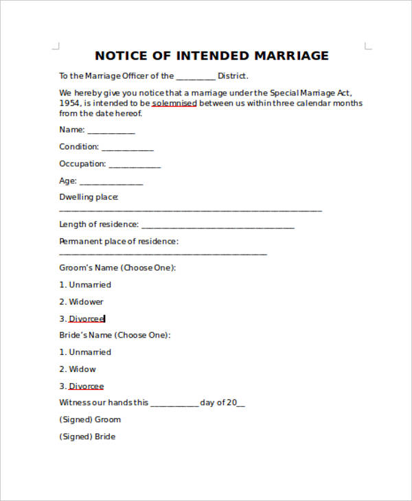 notice form of intended marriage