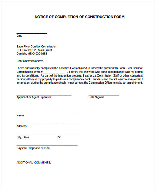 notice of completion form construction form