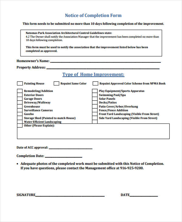 notice of completion form in pdf