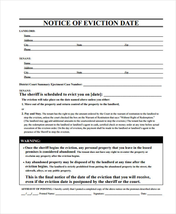 notice of eviction date form
