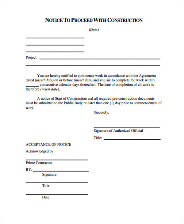 notice to proceed form to contractor