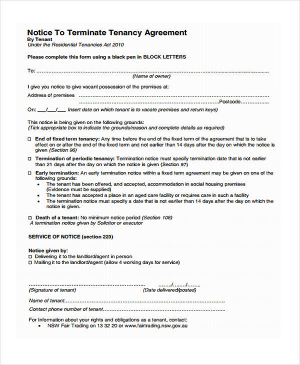 notice to vacate agreement form