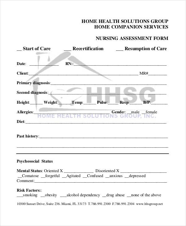 nursing assessment form example