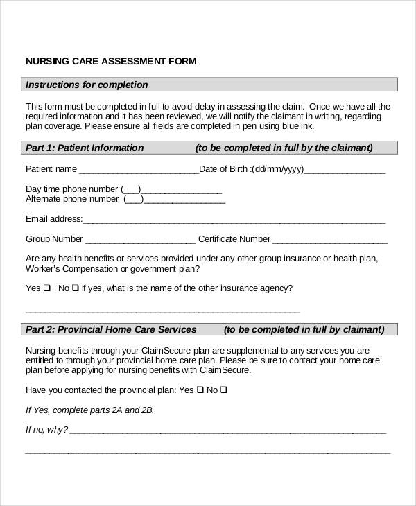 nursing care assessment form