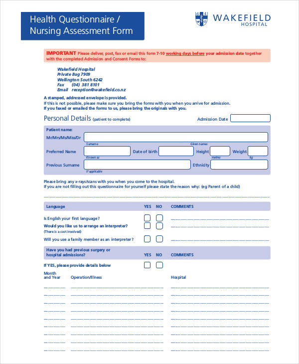 nursing health questionnaire assessment form