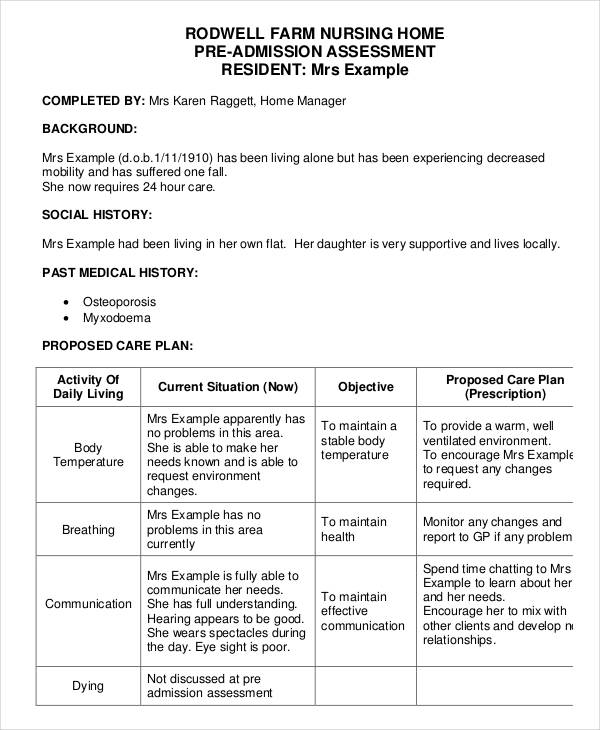 nursing home pre admission assessment form