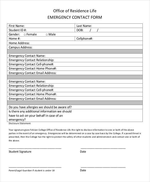 office residence emergency contact form