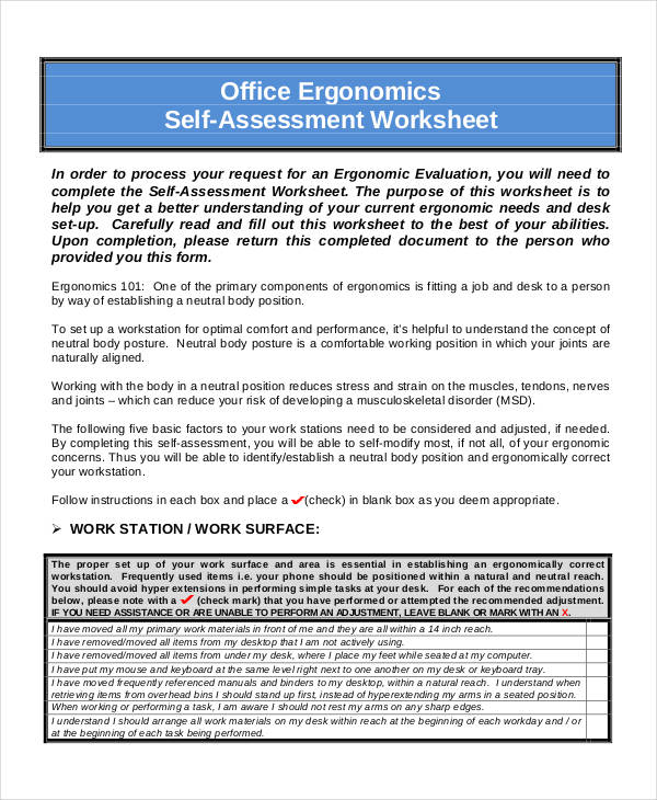office self assessment worksheet form