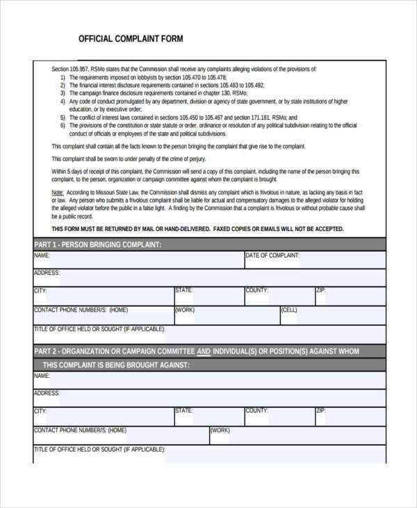 official complaint form example
